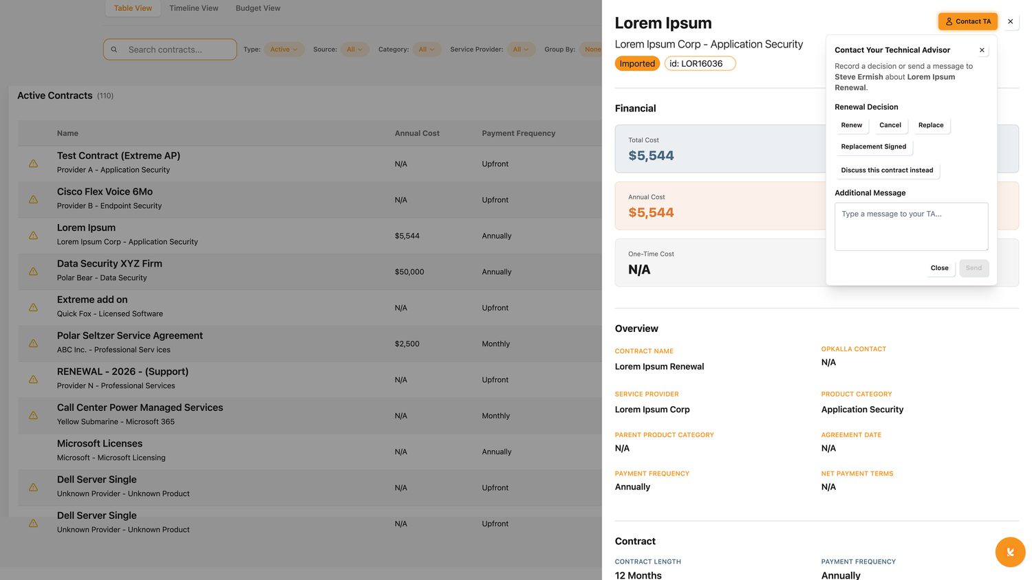 The Contact TA panel, offering renew, cancel and replace decisions alongside a free-text message to the Opkalla advisor.