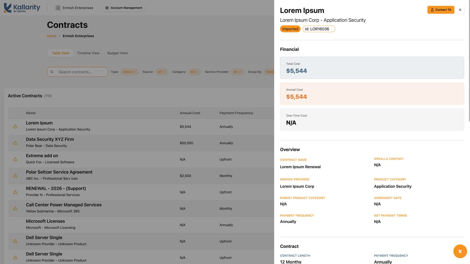 The Contract Details panel, showing financial figures alongside overview fields, with controls to rename, add notes, or remove an imported contract.