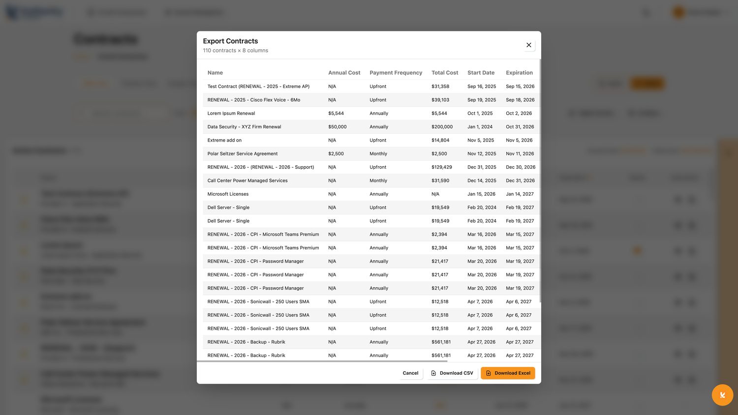 The Export dialog, previewing the rows and columns that will be written out, with CSV and Excel format options.