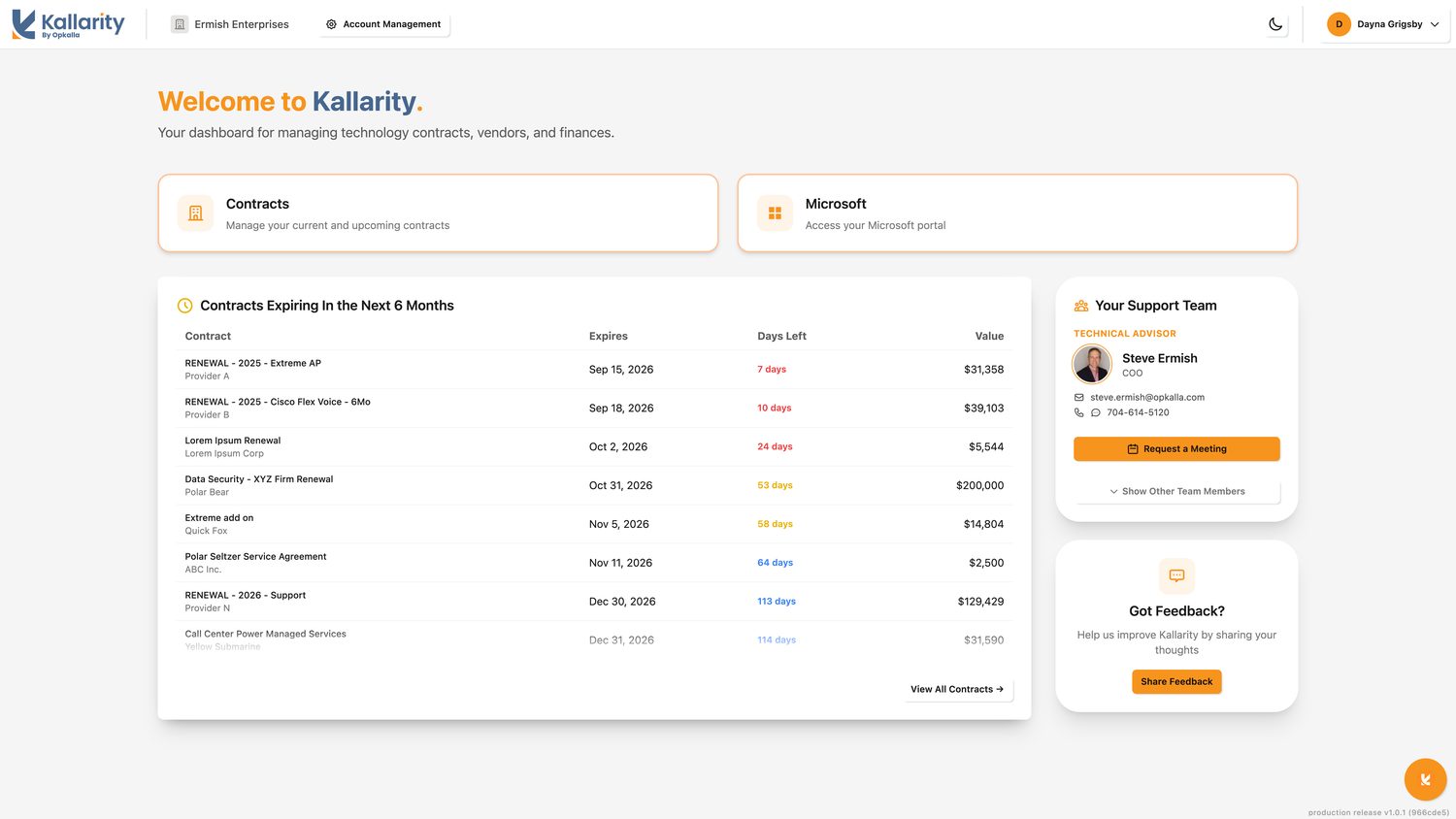 The Kallarity Home page. Tiles link out to Contracts, the Microsoft portal and upcoming renewals, with the Opkalla support team shown alongside them.