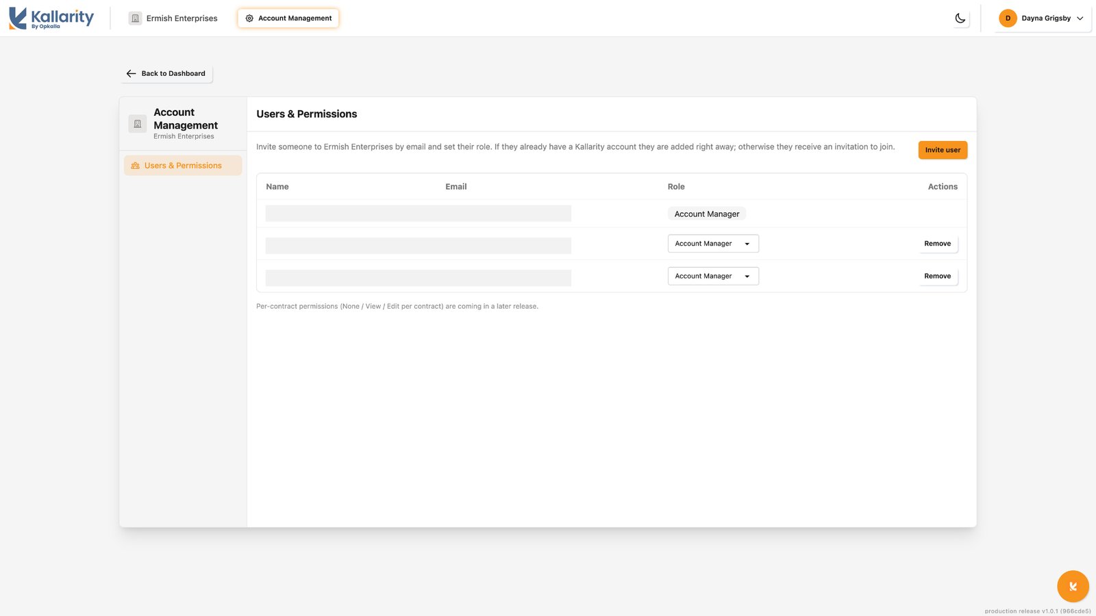 The Users and Permissions screen, listing each person on the account with their role and controls to invite, change a role, or remove someone.
